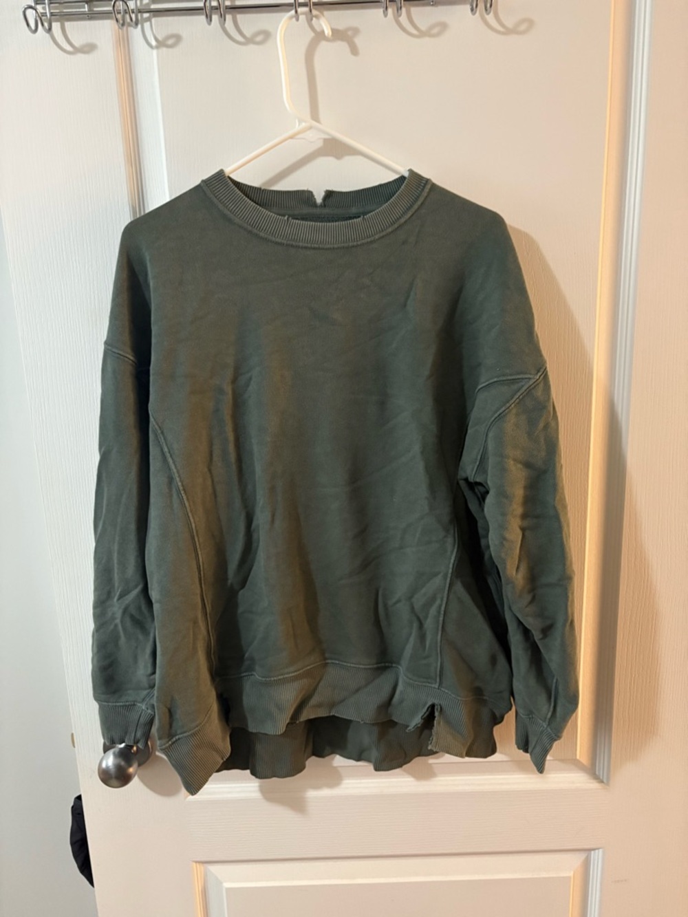 Aerie Oversized Crewneck Sweatshirt Olive Green Distressed XS